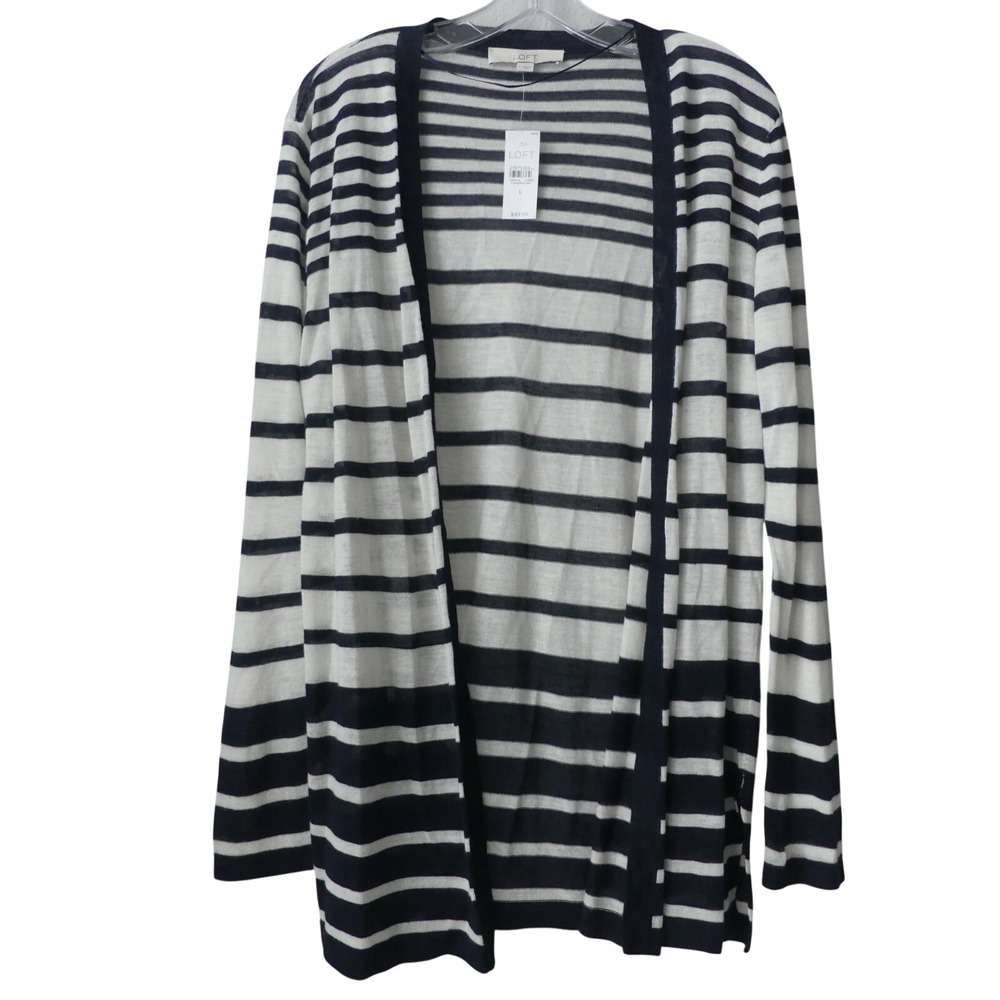Loft Striped Open Front Cardigan Sweater Size L Office NWT Lightweight Capsule